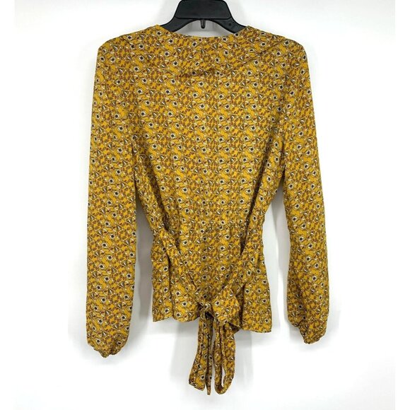 Max Studio Top Yellow Floral Print Faux Wrap Long Sleeve Ruffle - Picture 8 of 10